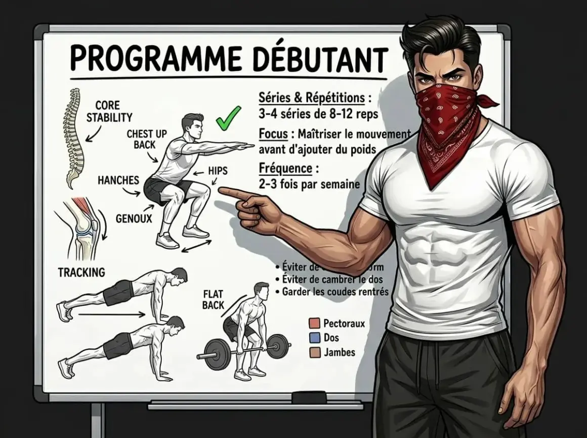 Programme débutant de callisthénie : squat, planche, soulevé de terre. Focus sur la technique avant le poids.