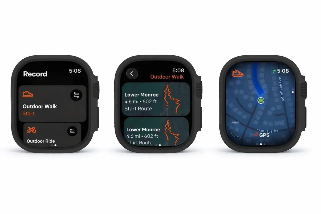 Trois &eacute;crans de montre connect&eacute;e affichant des activit&eacute;s sportives, dont une carte GPS et des options d'entra&icirc;nement comme 