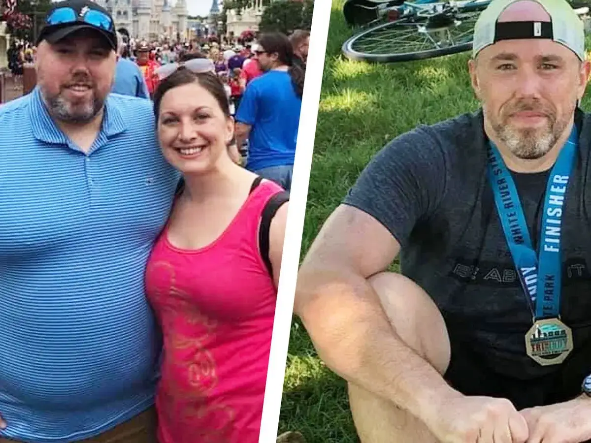 Avant/apr&egrave;s : un homme transform&eacute; par le rameur, bienfait pour la sant&eacute;. Il a perdu du poids et porte une m&eacute;daille de finisher.