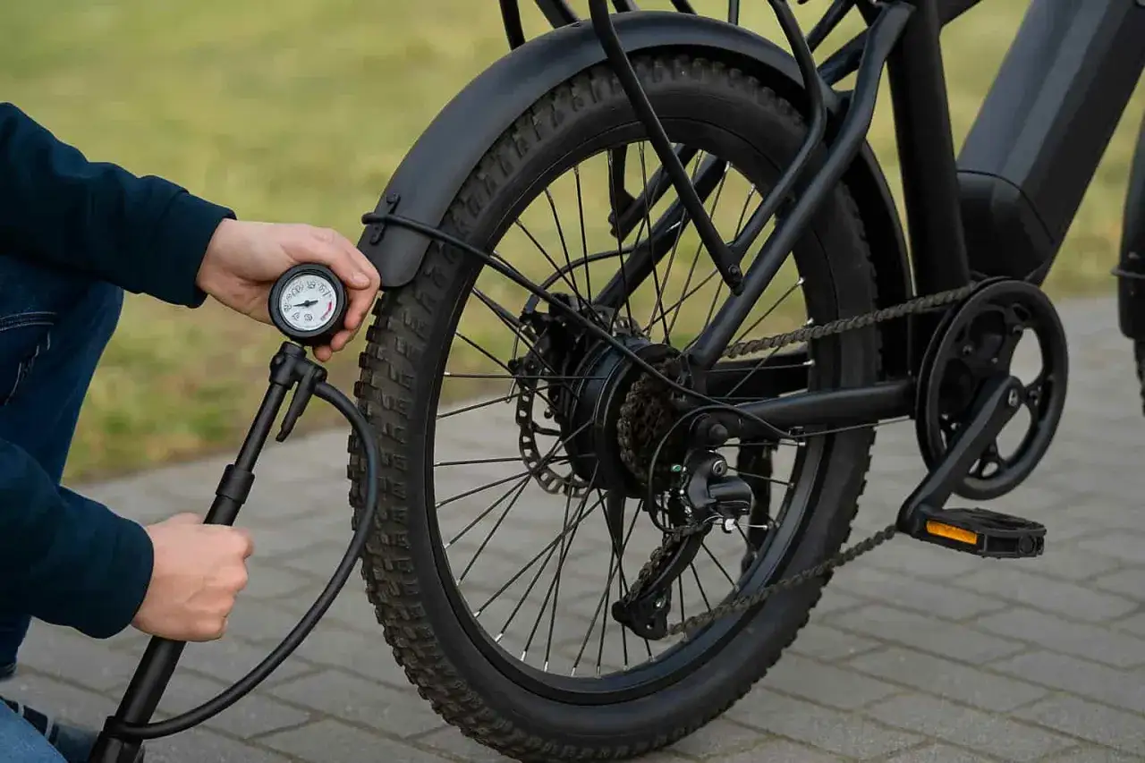 Maintenir la pression pneu v&eacute;lo &eacute;lectrique id&eacute;ale pour une conduite optimale. Un manom&egrave;tre v&eacute;rifie le gonflage.