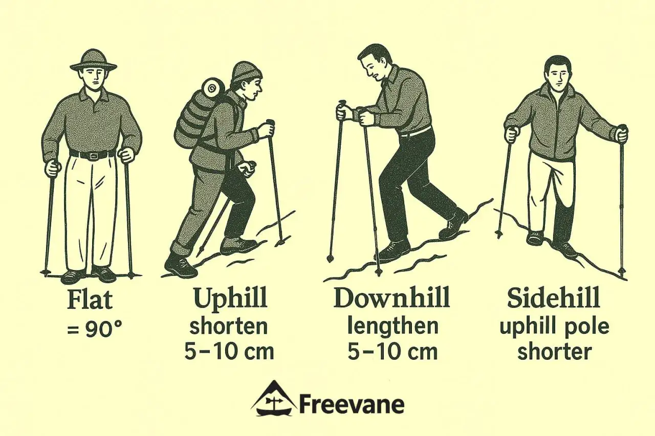 Guide pour le r&eacute;glage des b&acirc;tons de marche : plat, en mont&eacute;e, en descente et en travers&eacute;e. Adaptez la longueur pour un confort optimal.