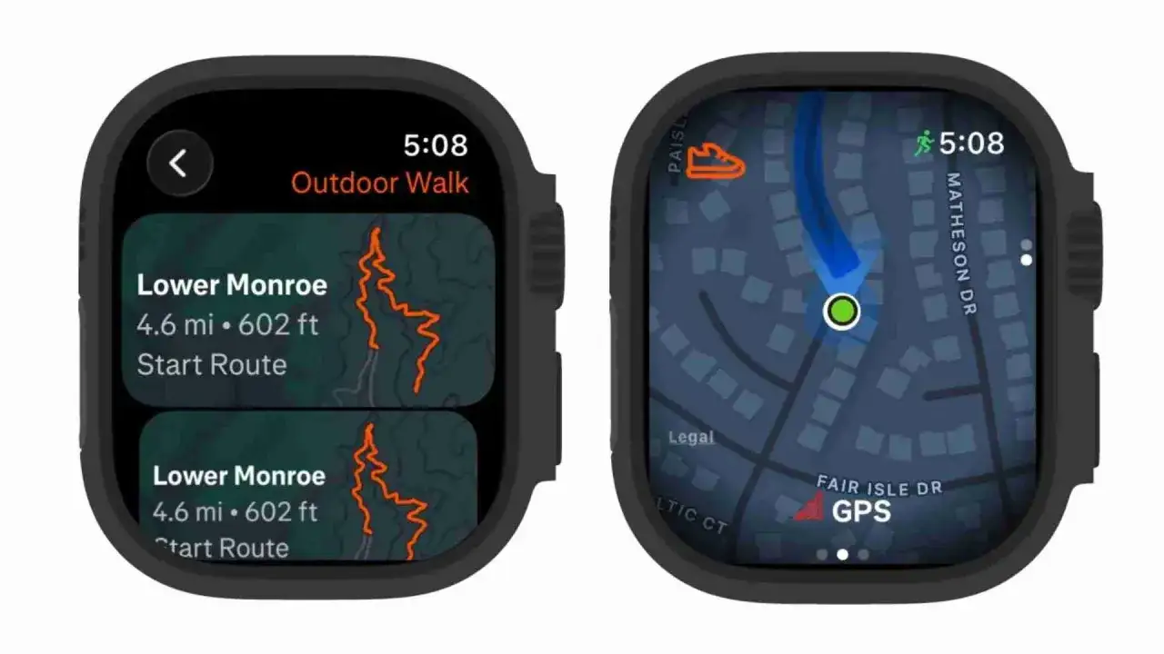 Deux écrans de montre connectée affichant des activités de plein air. L'un montre des parcours Strava sur Garmin, l'autre une carte GPS.