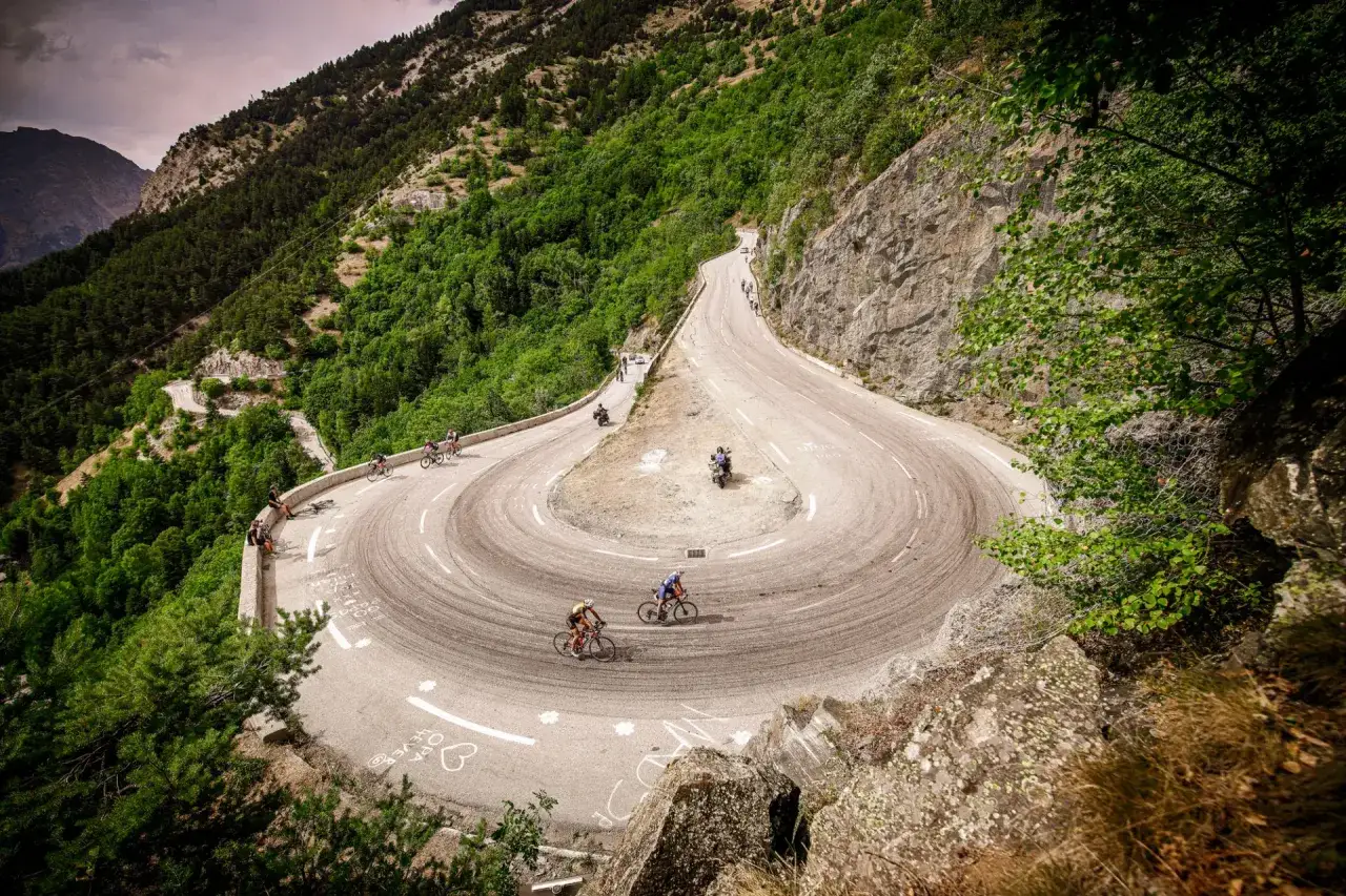 Cyclistes gravissant les lacets du profil Alpe d'Huez, route sinueuse en montagne, v&eacute;g&eacute;tation luxuriante.