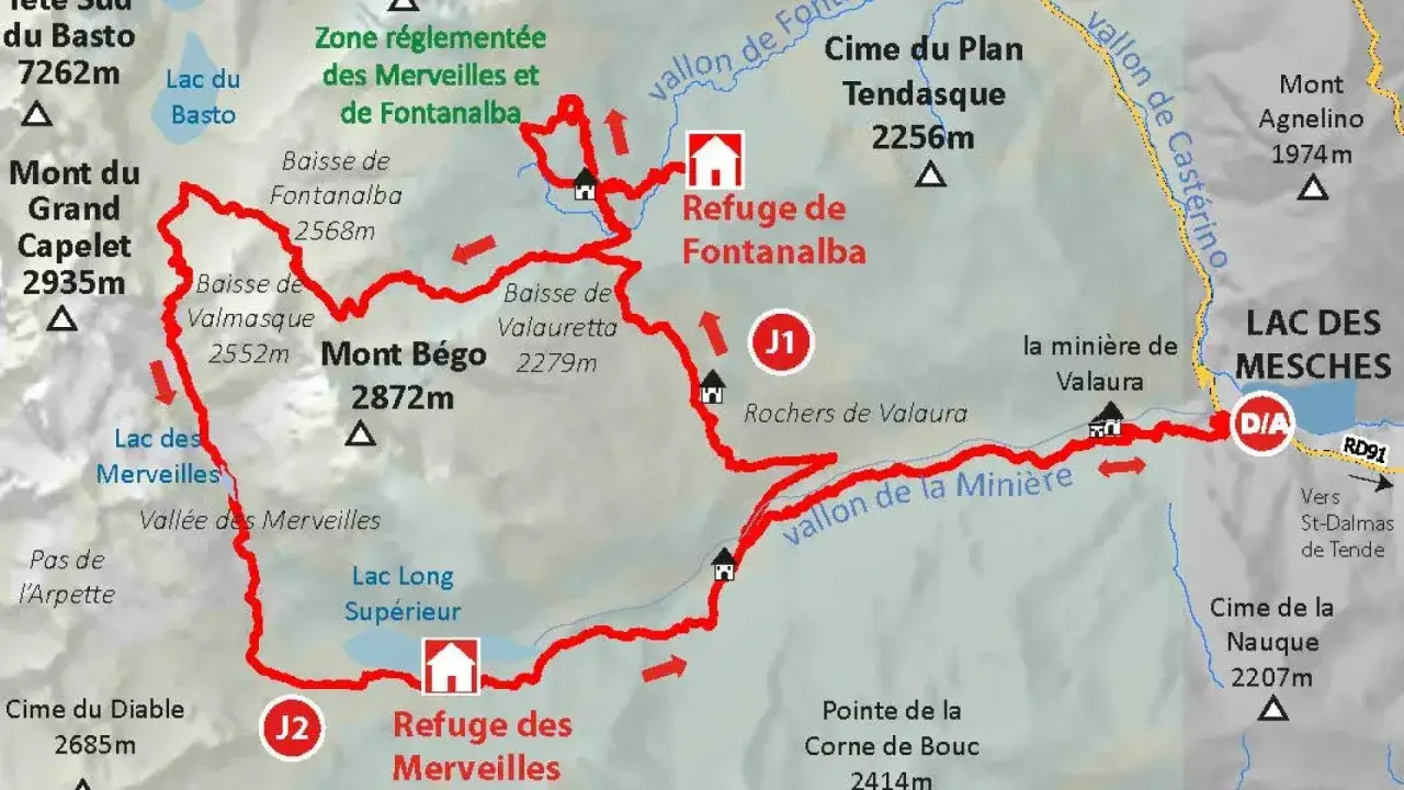 Carte d'une randonnée de 2 jours dans la Vallée des Merveilles, avec refuges, lacs et sommets.