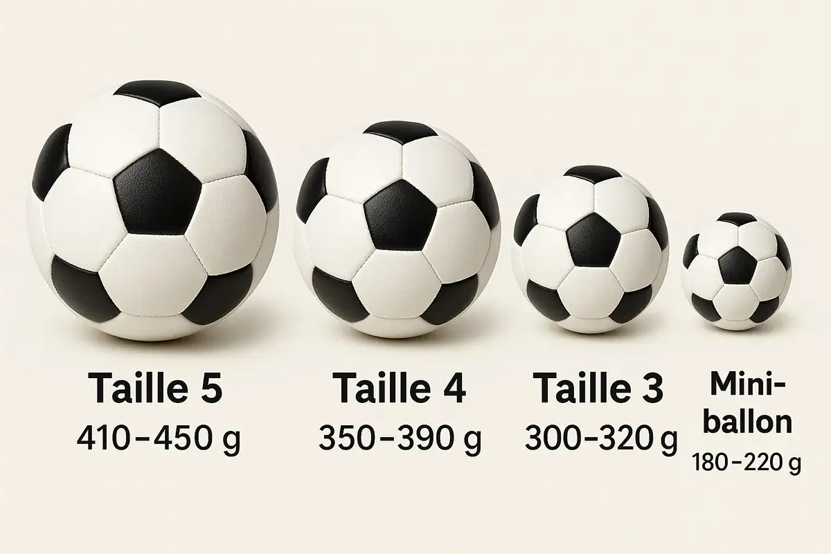Quatre ballons de foot de tailles différentes, du plus grand au plus petit, illustrant le poids du ballon de foot masculin.