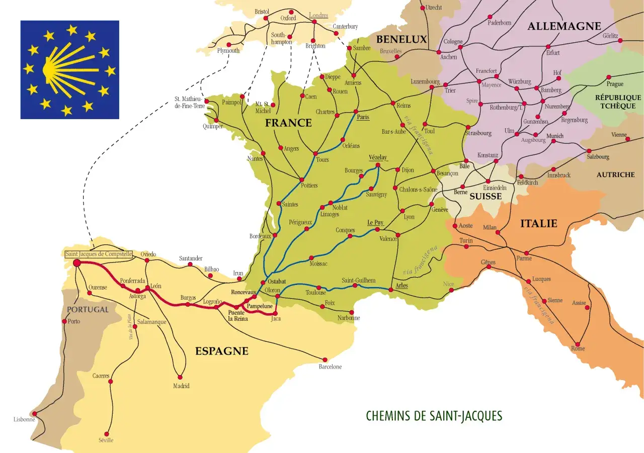 Carte des Chemins de Saint-Jacques, montrant les routes traversant la France, l'Espagne, le Portugal, l'Italie et l'Allemagne.