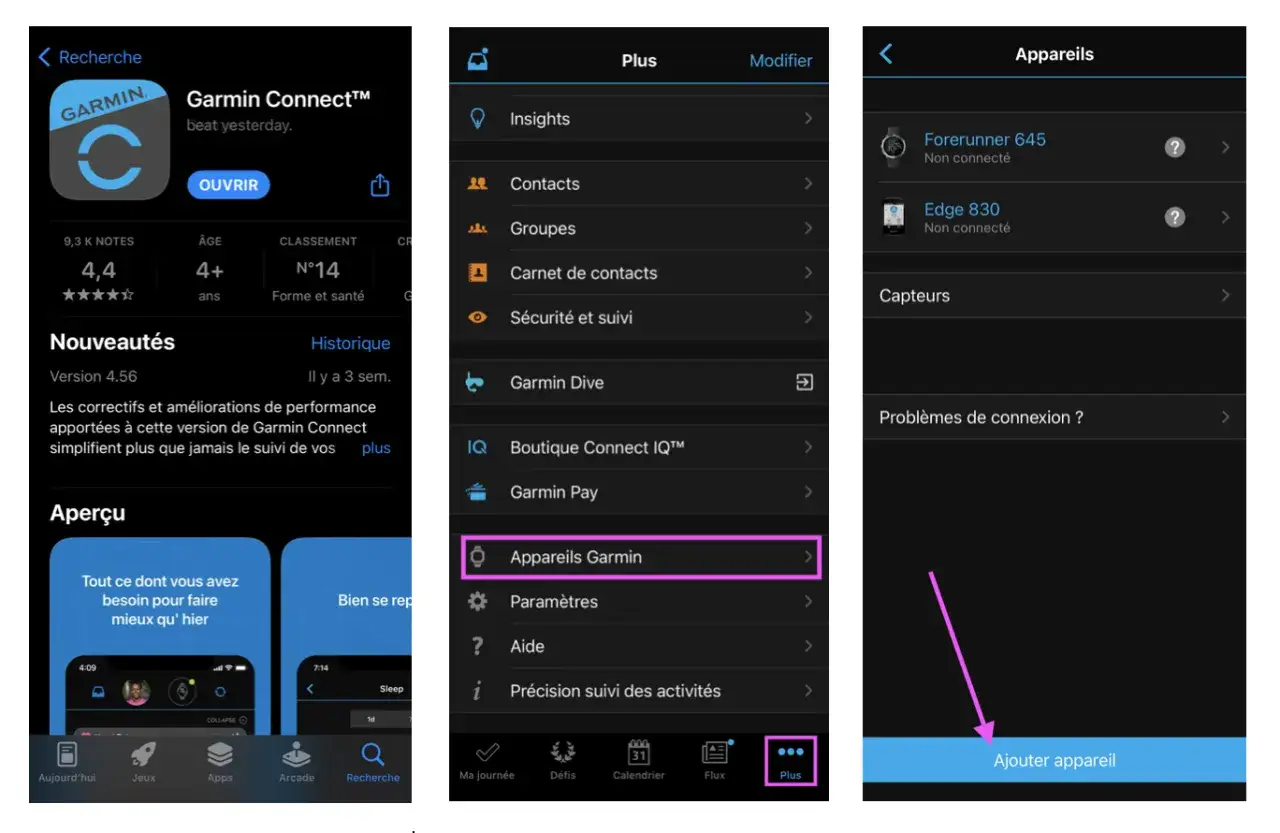 &Eacute;cran de Garmin Connect montrant une panne potentielle. L'utilisateur navigue vers 