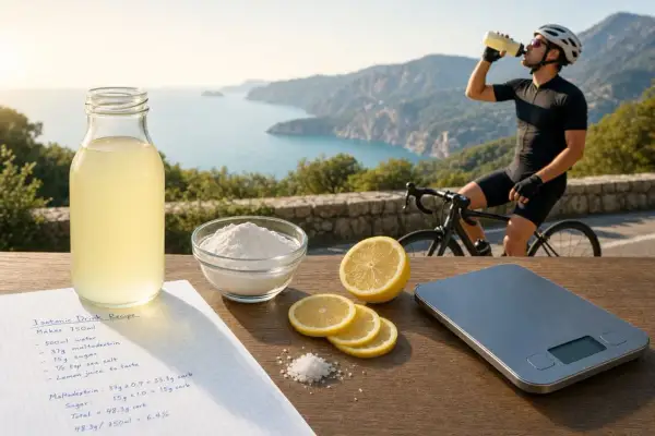 Cycliste buvant sa boisson pour cycliste fait maison, avec les ingrédients et la recette sur la table.
