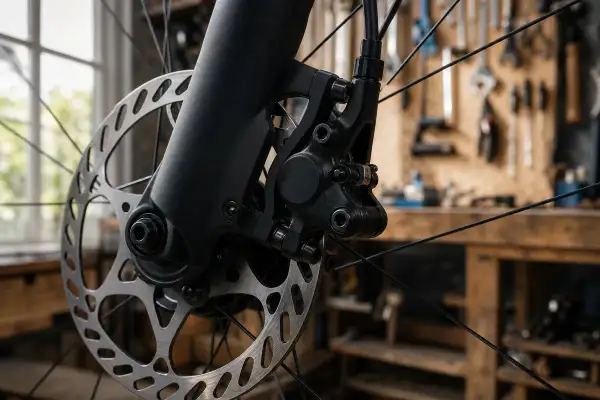 Gros plan sur un étrier de frein à disque de vélo, prêt pour le réglage. L'atelier de mécanique est visible en arrière-plan.