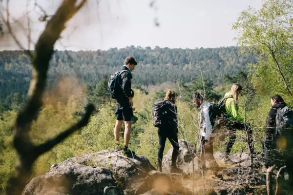 Groupe de randonneurs explorant un sentier forestier, profitant d'une randonnée autour de Paris.