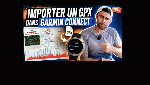Tuto pour importer un trace GPX Garmin Connect. Un homme montre une montre GPS et une carte de parcours.