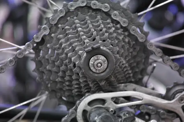 Détail d'une cassette de vélo, prête à être démontée. Les pignons et la chaîne sont visibles.