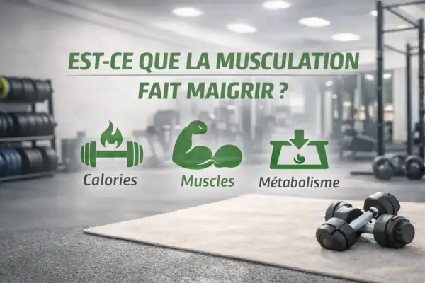 La musculation fait elle maigrir ? L'image montre une salle de sport avec des icônes : calories, muscles et métabolisme.