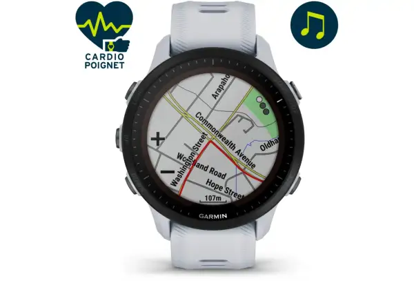 Montre Garmin Forerunner 255 avec cartographie détaillée. Idéale pour le cardio au poignet et la navigation.