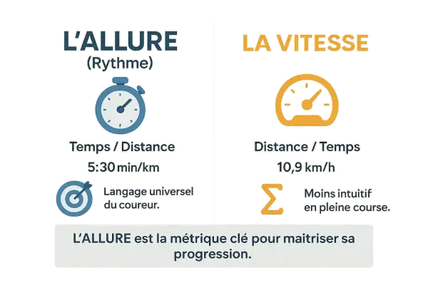 L'allure, mesurée en min/km, est essentielle pour connaître sa VMA et progresser. La vitesse (km/h) est moins intuitive en course.