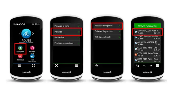 Écrans d'un GPS Garmin affichant des options de navigation, dont la création et la gestion de parcours. On y voit une liste de traces GPX Garmin.