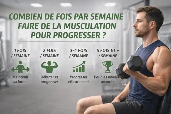 Combien de séance de sport par semaine pour progresser en musculation ? L'image montre 1, 2, 3-4, et 5+ séances par semaine.