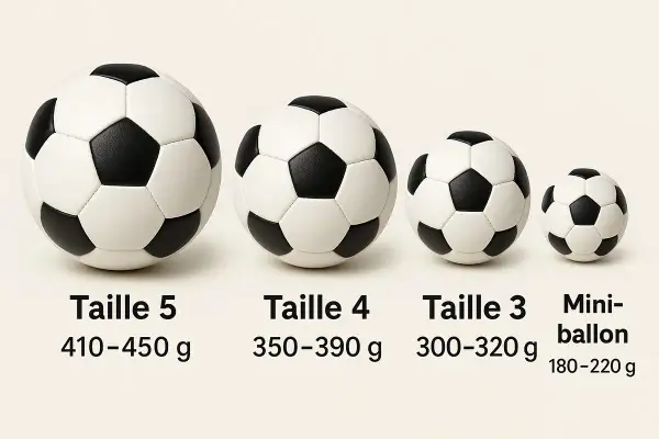 Quatre ballons de foot de tailles différentes, du plus grand au plus petit. Le poids du ballon de foot masculin varie selon la taille, de 180 à 450 g.