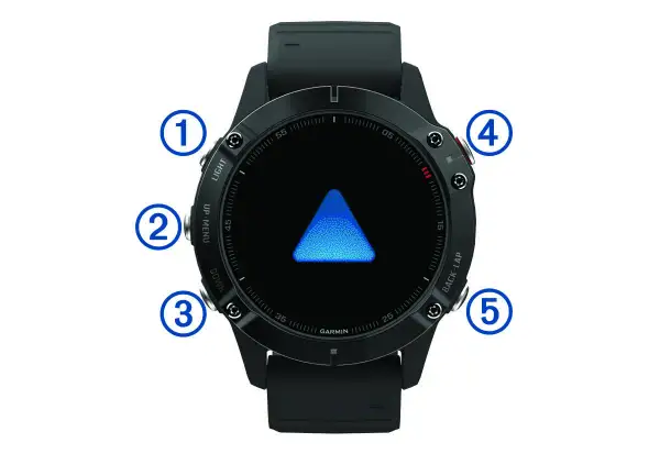 Montre Garmin Fenix 6 Pro avec flèche bleue. Astuce : utilisez les boutons pour naviguer.