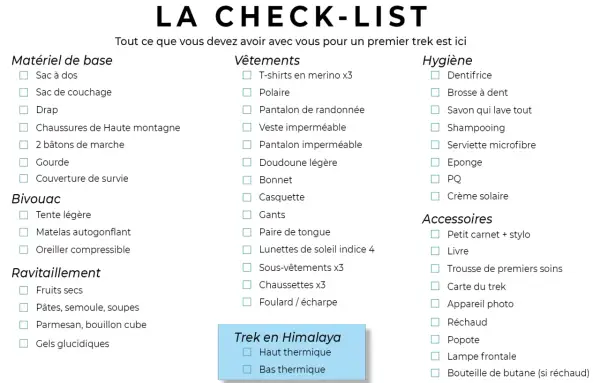 Check-list pour un trek : matériel de base, vêtements, hygiène, bivouac, ravitaillement et accessoires. Idéal pour préparer votre prochaine aventure.