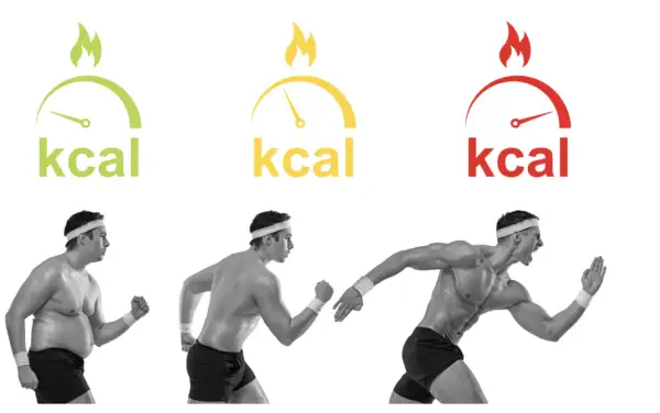 Trois hommes en course, du plus corpulent au plus musclé, symbolisant comment brûler les graisses stockées par le sport et le contrôle des calories.