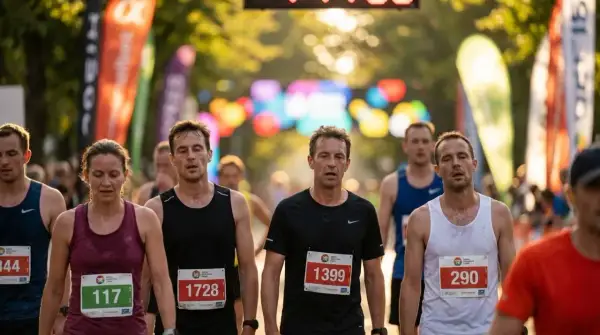 Des coureurs fatigués, visages marqués par l'effort, franchissent le mur du marathon. Les dossards indiquent la progression dans la course.