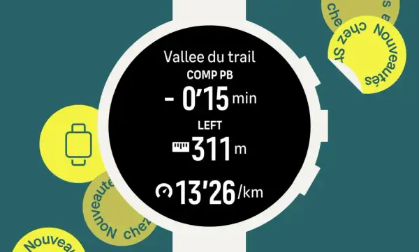 Montre connectée affichant des données de course sur Strava sur Garmin : temps, distance restante et allure.