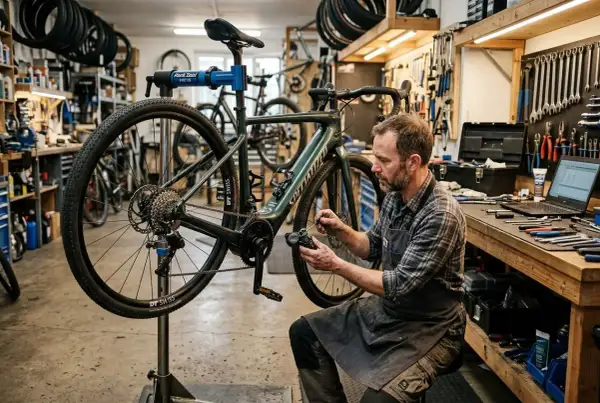 Un mécanicien concentré effectue l'entretien d'un VTT dans un atelier bien rangé, entouré d'outils et de pièces de vélo.