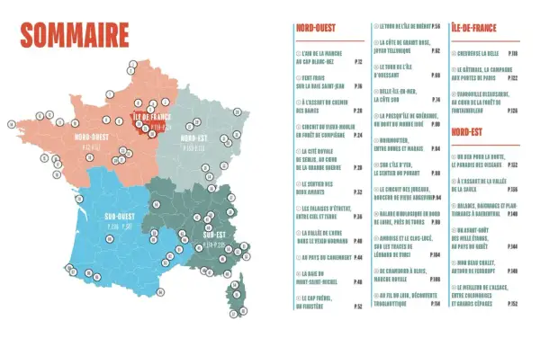 Carte de France divisée par régions, indiquant des points d'intérêt pour la meilleur randonnée France.