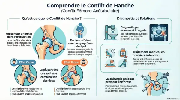 Schéma expliquant le conflit de hanche, ses symptômes comme la douleur à l'aine, et les traitements. Il illustre les effets "Came" et "Pince" et mentionne le muscle de l'aine.